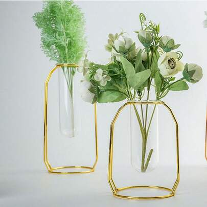 Vaso de tubo de ensaio com estrutura de metal dourado, 1 peça, vaso de flores moderno e criativo para decoração de casa, sala de estar, prateleiras, armários de TV, arranjos florais e verdes - opções pequenas e grandes, decoração para casa, decoração floral