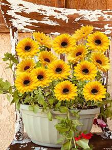 5 Stücke/Set - Sonnenblumen Garten Dekoration - Leuchtend gelbe künstliche Blumen mit schwarzen Samen und grünen Blättern, modernes Metall Outdoor Terrassen Ornament für Zugänge, Terrassen und Gärten, batteriefrei, Garten Ornament, Sommer Feengarten Ornament
