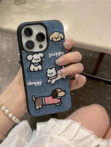 1pc Denim Embroidered Dog Graphics Full Protective Shock Proof Phone Case Compatible With Apple Phones Waterproof Anti-Fall Scratch Resistant - Brown - View 5