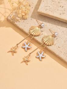 1 对浪漫贝壳海星流苏耳环，优雅人造珍珠吊坠耳环，适合女士，迷人的珠宝适合日常佩戴、海滩约会和度假 - 彩色 - 查看 4