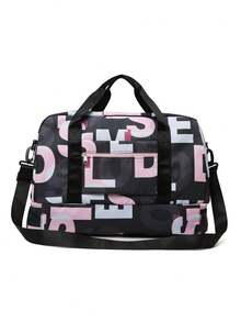 字母图案随机大容量行李旅行行李袋，过夜度假运动健身包，周末随身手提包，干湿分离，休闲多功能便携式单肩包，适合商务 - 彩色 - 查看 4