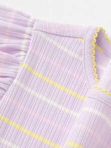 Balabala Baby T-Shirt Girls' Short Sleeve Children's Top 2025 Summer New Striped Tee Sweet Flutter Sleeve - Purple - View 3