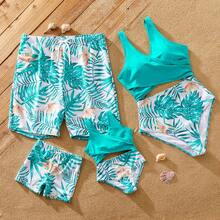 Family Matching Plant Print Wrap One-Piece Swimsuit Or Swim Trunks Shorts - 綠色 - 查看 1