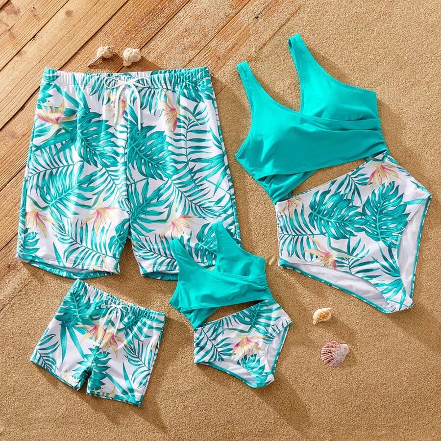 Family Matching Plant Print Wrap One-Piece Swimsuit Or Swim Trunks Shorts - 綠色 - 查看 1
