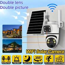 Dual Lens/Dual View Solar Powered Outdoor Security Camera, 1080P HD Outdoor Surveillance, CCTV Lithium Battery Solar Powered Two-Way Audio, USB Cable, 355° Rotation, 90° Vertical Angle, 2.4GHz WiFi, Night Vision, Waterproof, Android App Control, Fixed Panel, Suitable For Home And Business Outdoor Monitoring, Elderly Care, Pet Care