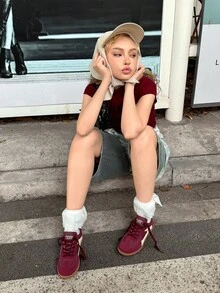 DareSee 新款女款平底繫帶鞋，拼色設計，圓頭舒適慢跑運動鞋，適合休閒、通勤、外出、派對，四季皆宜，MusicFest Y2KFest 返校季，秋冬禮物 - 酒紅色 - 查看 3