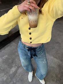 جاكيت كارديجان محبوكة بأكمام راجلان وأزرار، بياقة دائرية، بأكمام طويلة، لون أصفر زبدي، للنساء في الربيع والصيف والخريف، للاستخدام اليومي