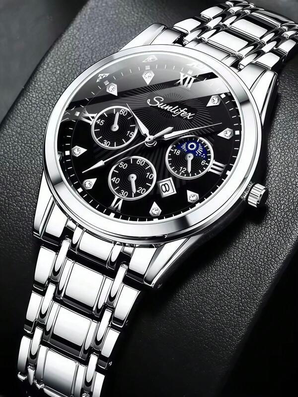 1 pezzo Orologio da uomo al quarzo, di forma rotonda, in acciaio inossidabile, incastonato con diamanti, alta qualità, alla moda, conveniente, con funzione calendario, stile business, colore argento, adatto come regalo per uomo.