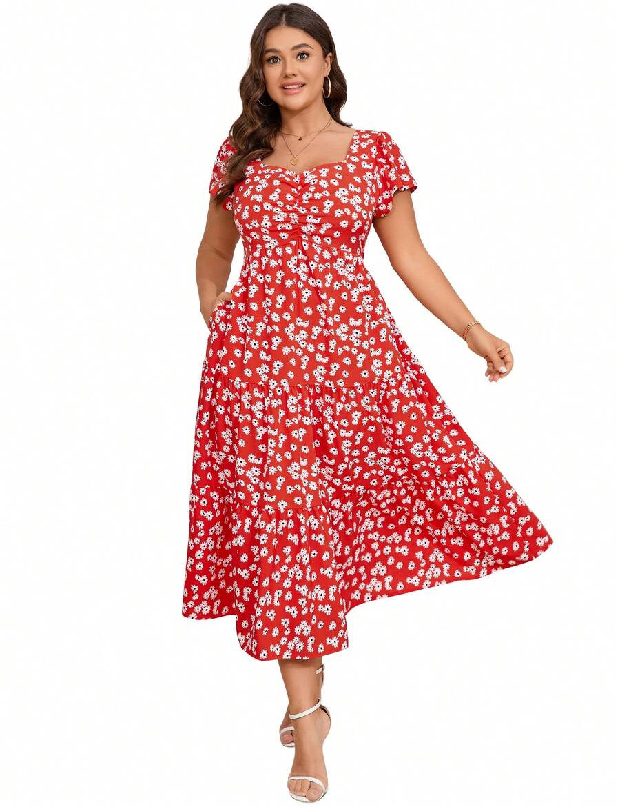 Yesfashion Women Plus Size Dress Short Sleeve Heart Neck Floral Dress - 紅色 - 查看 1
