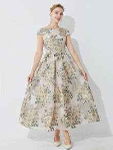 Elegant Women's Ditsy Floral Long Party Dress, Organdy Jacquard Fabric, Spring/Summer, Prom Dress