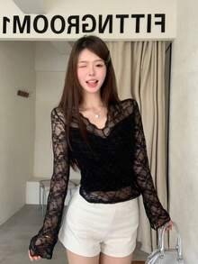 2025新款春季蕾丝V领长袖T恤打底衫女款黑色 - 黑色 - 查看 2