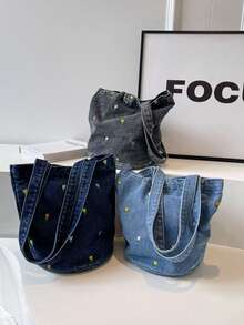 Bolso de lona de verano con bordado, bolso de tela vaquera, diseño único, bolso de hombro de gran capacidad y de moda para ir al trabajo - Multicolor - Ver 5