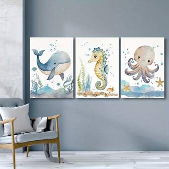 3pcs Cute Sea Animals Watercolor Art Print, Whale, Seahorse And Octopus, Ocean Wall Art, Watercolor Underwater Wildlife Illustrations, Playful Marine Life Art, Optional Frame For Kids' Room, Nursery Decor