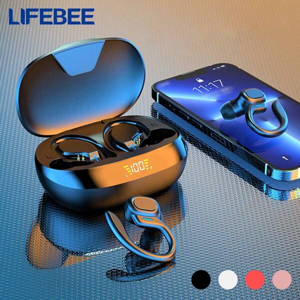 LIFEBEE Auriculares inalámbricos LIFEBEE con micrófono, auriculares inalámbricos estéreo envolvente para deportes, auriculares inalámbricos para correr. Micrófono a prueba de ruido ENC, auriculares deportivos con ganchos para las orejas y estuche de carga con pantalla LED