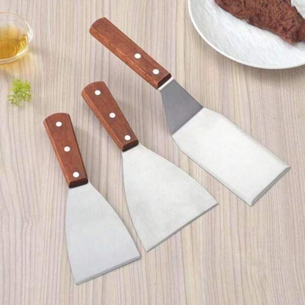 1pc 3-Edge Flat Spatula, Kitchen Cooking Tool, Stainless Steel Wooden Handle Teppanyaki Pancake Cake Spatula