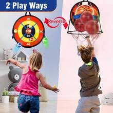 二合一篮球架和飞镖靶套装：14 英寸（35.6 厘米）儿童飞镖靶带篮球架，非常适合运动和户外活动，是 3-10 岁男孩和女孩的生日礼物。也非常适合圣诞派对和新年祝福。