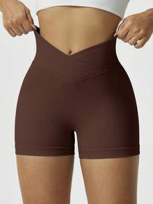NcmRyu 1pc Women's Solid Color Casual Ribbed High Waist Lifting Fitness Yoga Sports Shorts - Cà phê nâu - Xem 8