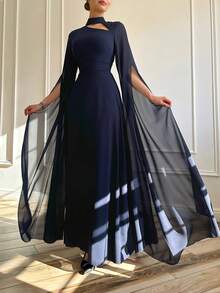 1 pieza Elegante vestido de noche azul marino largo, diseño de manga chal, espalda descubierta con lazo, perfecto para bodas en la iglesia, bodas en el jardín, galas y una opción ideal para invitadas de boda femeninas - Marina de guerra - Ver 2