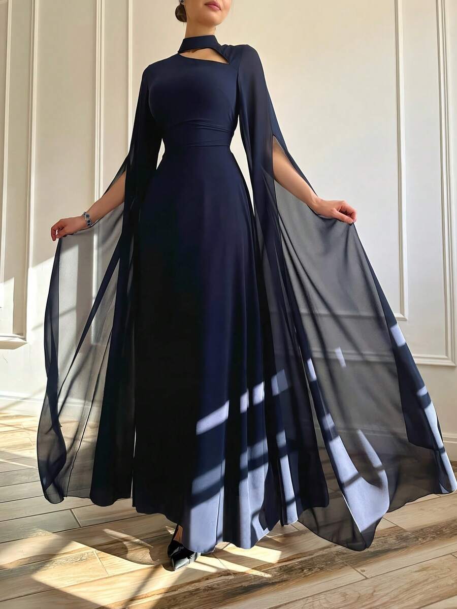 1 pieza Elegante vestido de noche azul marino largo, diseño de manga chal, espalda descubierta con lazo, perfecto para bodas en la iglesia, bodas en el jardín, galas y una opción ideal para invitadas de boda femeninas