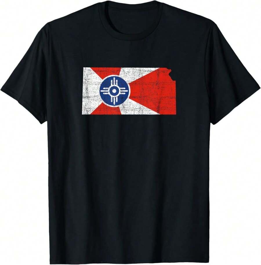 Wichita Kansas Flag Distressed Design - Wichita Kansas T-Shirt Gift For Dad Valentine's Gift For Her Halloween Gift For Girlfriend - Black - View 1