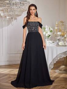 Women's Rhinestone Splice Halter Backless Chiffon Dress, Elegant Evening Gown - Black - View 2