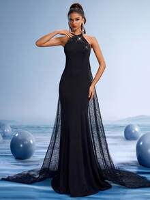 GIFORU 奢华黑色美人鱼晚礼服，饰有串珠亮片刺绣 - 优雅高领，透明闪亮披肩和戏剧性拖尾，适合红毯庆典、豪华婚礼和正式活动、派对礼服、婚礼宾客 - 黑色 - 查看 11