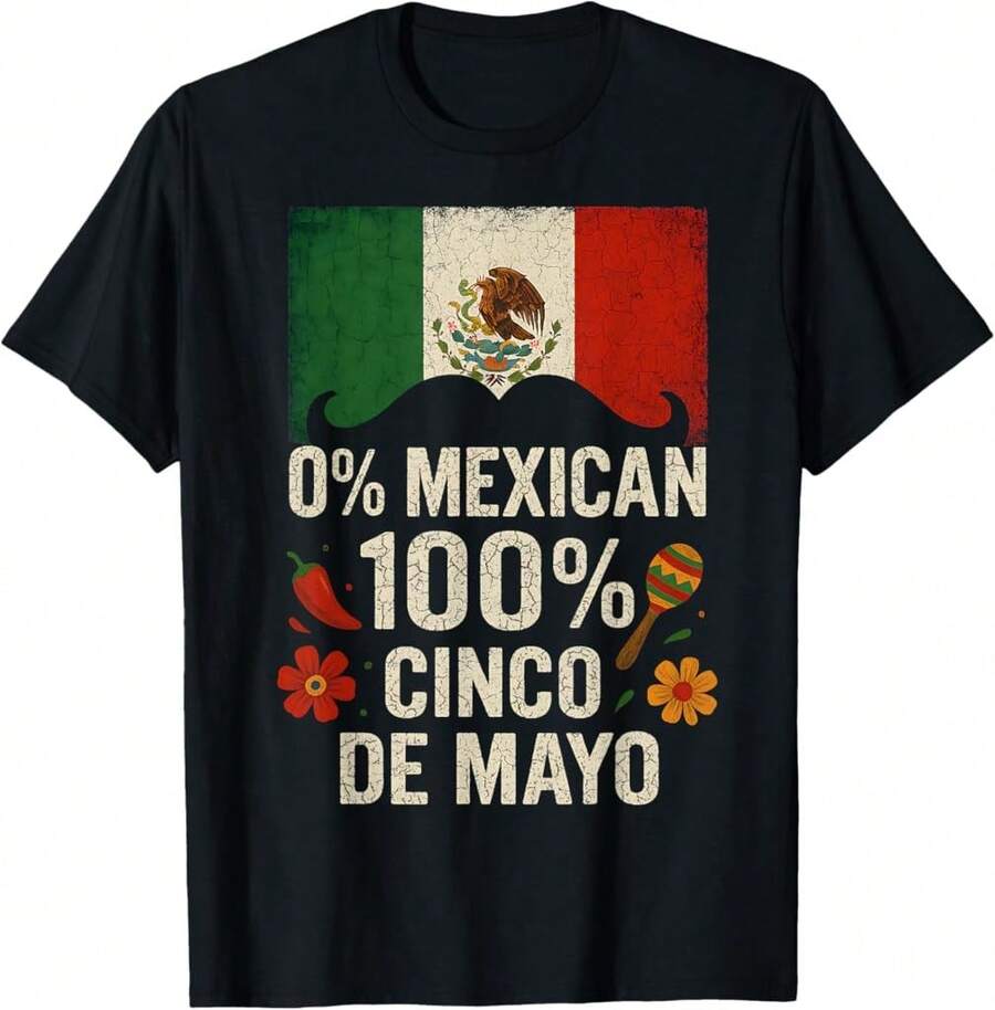 0% Mexican 100% Cinco De Mayo Viva Mexico Maracas Chili Flag T-Shirt+GL Valentine's Day Gifts - Black - View 1