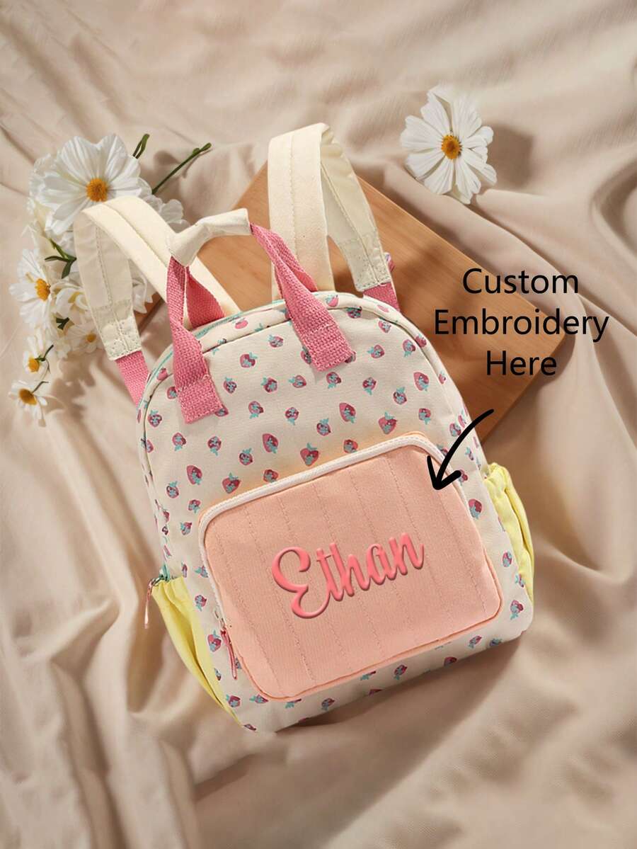 Personalized Embroidered Strawberry Backpack, Customizable Name, Cute Casual Travel Daily Use Bag, Multi-Function School Bag, Back To School Gift, Aesthetic, Kawaii Backpack, Coquette Aesthetic