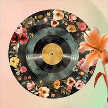 2D Flat Vintage Metal Wall Art Sign - 8x8 Inch Round Black Vinyl Record Floral Design, Retro Home Decor For Kitchen, Bedroom, Office & Holiday, Ideal Gift For Music Lovers, Durable Wall Art, Easy To Hang, Random 2D Flat Print Style - Multicolor - View 7