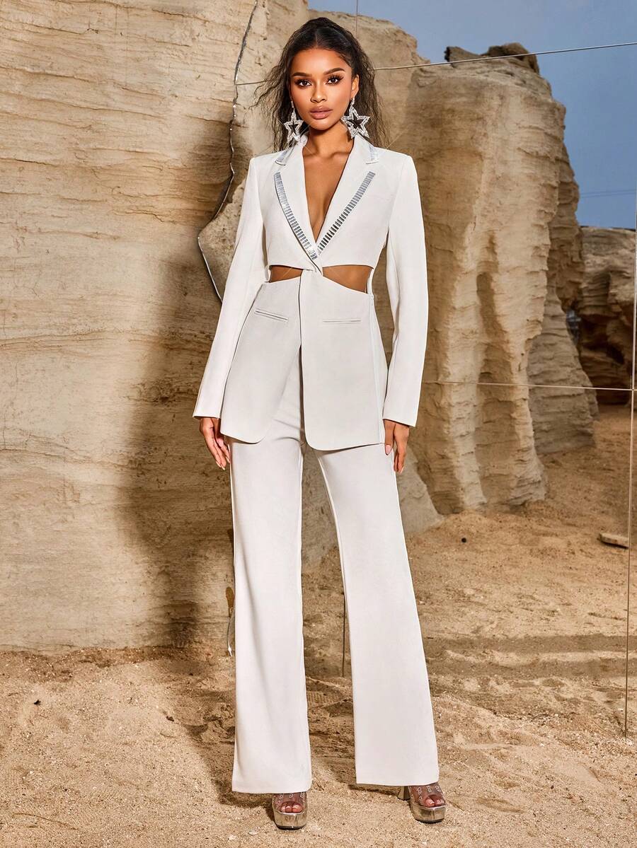 女士奢华水钻镂空扭纹口袋修身长袖节日派对西装外套和低腰喇叭裤 2 件套，非常适合特殊场合