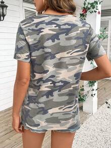 Tricou de vară cu mânecă scurtă și guler rotund cu imprimeu camuflaj pentru femei