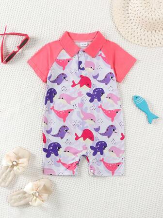 Pelele suave de manga corta con solapa y estampado de ballena, para niña bebé de verano