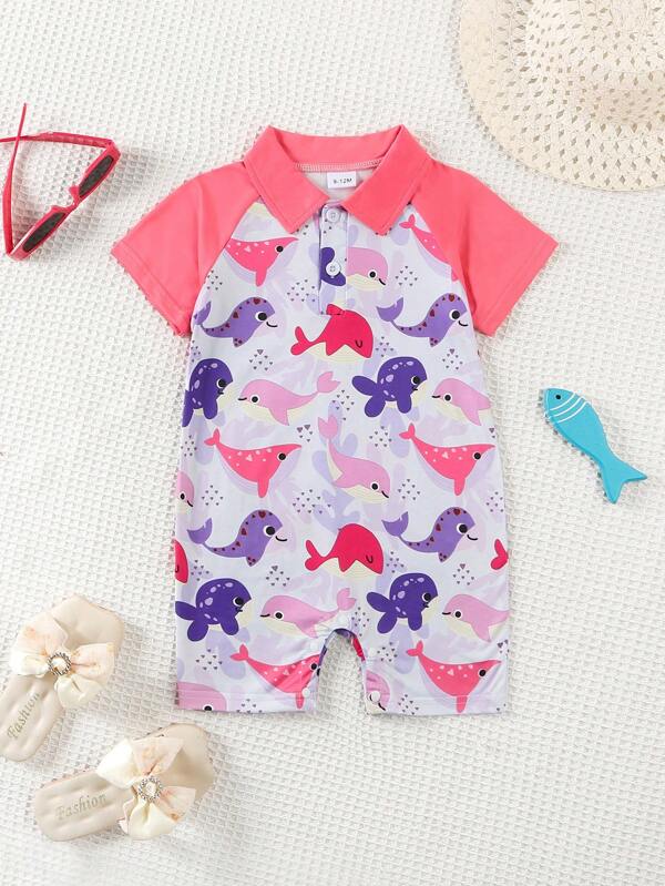 Baby GirlSummer Short Sleeve Lapel Patchwork Whale Print Soft Romper