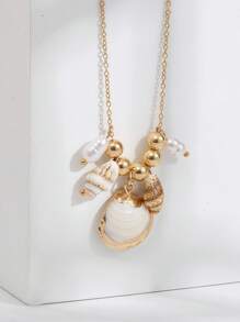 1pc Minimalist Fashion Seashell Beaded Pendant Necklace, Women Beach Holiday Everyday Jewelry