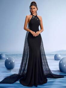 GIFORU 奢华黑色美人鱼晚礼服，饰有串珠亮片刺绣 - 优雅高领，透明闪亮披肩和戏剧性拖尾，适合红毯庆典、豪华婚礼和正式活动、派对礼服、婚礼宾客 - 黑色 - 查看 2