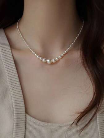 1pc Elegant Ombre Round Pearl Necklace, Minimalist French Style Jewelry, Luxury Fashion Choker, Women Sweater Accessories