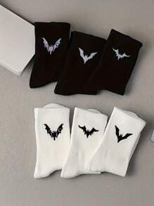 6 Pairs Of Bat Print Socks Gothic Style Comfortable Mid-Tube Socks Suitable For Everyday Wear Black Socks White Socks