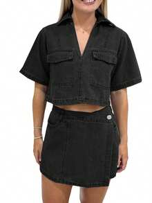 Women's 2 Piece Denim Outfits Y2K Short Sleeve Lapel Jean Tops Asymmetrical Shorts Set Streetwear - Black - View 5