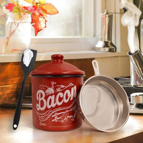 Bacon Grease Container With Strainer - With Silicone Spatula, 46oz Large Enamel Rustic Farmhouse Fat Container, Keeper, Recipes, Dishwasher Safe