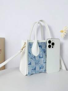 夏季清新简约时尚女士手提包，时尚百搭休闲甜美可爱迷你包，拼布浅色牛仔面料撞色小方包，欧美简约风格托特包，多用途单肩包，棋盘蓝色斜挎包，适合通勤、度假、学生、办公室女士、妈妈、女友礼物