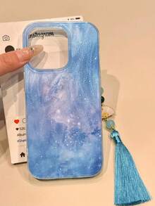 蓝色手机壳扎染画高端时尚中国风流苏银色手机壳带挂饰，适用于 16/16 Pro Max、15、15 Pro Max、Apple P13、P14、P11、P12、XS、XR、7/8P、7/8 GES2、A14/A15、S23U/A50、A12、A32、A52、A72、A51、A21S、A13、A14、S22 Ultra、S23、A33、A53、S20 FE 手机壳 - 彩色 - 查看 2