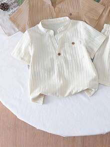 3 件套幼儿男童夏季 V 领纽扣口袋短袖 T 恤休闲套装 - 彩色 - 查看 3