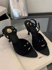 2025 夏季新款细高跟鞋褶饰金属扣尖头凉鞋，性感细高跟鞋，女士 - 黑色 - 查看 3