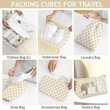 8pcs Travel Packing Cubes Set,Travel Portable Clothes Storage Bags, Compression Storage Shoe Bag, Clothing Underwear Bag, Luggage Packing Organizers,Pack Your Luggage With Ease ,Travel Essential Accessories - 卡其格子 - 查看 5