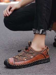 Sandalias casuales para hombre hechas a mano con costuras, zapatos casuales minimalistas de malla para hombres, zapatos para hombre para verano, senderismo al aire libre, ocio, transpirables y antideslizantes, en verde/marrón/negro, tallas grandes 45 46 47 48