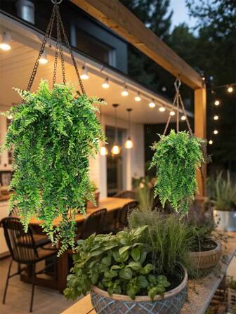 2 Pcs Artificial Hanging Ferns Plants Vine Fake Ivy Boston Fern Hanging Plant Outdoor UV Resistant Plastic Plants