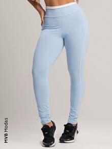 Calça Legging Cós de Vira Cintura Alta Feminina Poliamida Mvb Modas - Azul - Visão 2
