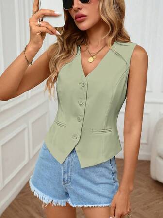 女士纯色单排扣背心夹克，优雅通勤或休闲穿着