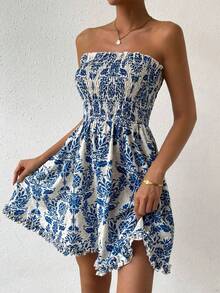 Las mujeres sexy bustier vestido bustier floral, vestido bustier de las mujeres, suave y cómodo, buena textura vestido de fiesta, fiesta, playa, fiesta de cumpleaños, vestido de tubo impreso, vacaciones y otras escenas son adecuadas para usar. - Azul - Ver 1