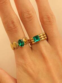 Elegant Vintage-Style 18K Gold-Plated Stainless Steel Inlaid Emerald Green Glass Heart Geometric Ring, Fashion Jewelry Versatile For Daily And Party Wear